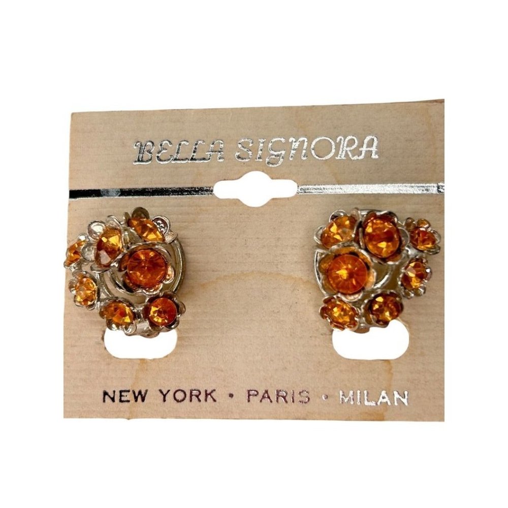 Bella Signora 1990s Clip On Orange Crystal Earrings 3/4" Diameter Non-Pierced Si